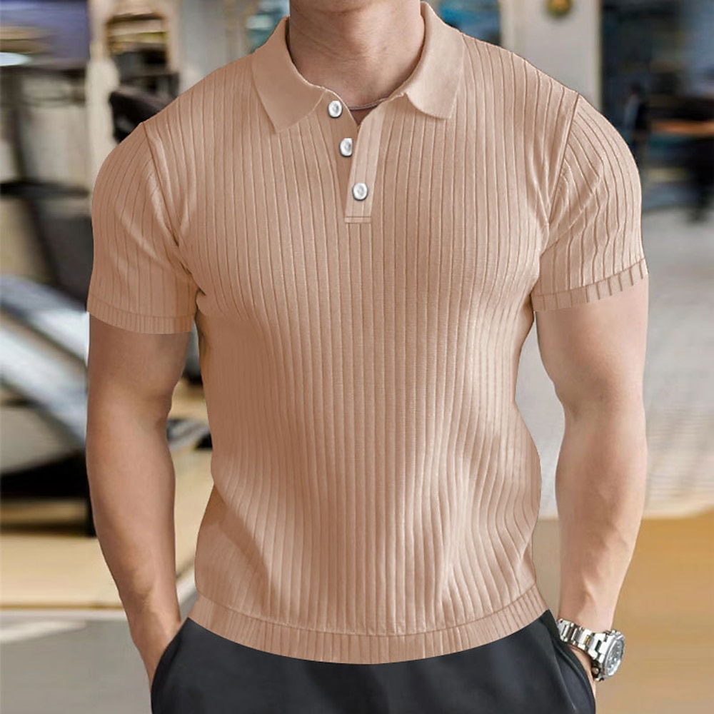 Herren Rippstrick-Oberteil Golf Poloshirts Arbeit Casual Klassisch Kurzarm Basic Modern Feste Farbe Knopf Frühling Sommer Regular Fit Schwarz Weiß Burgunderrot Hellgrau Khaki Rippstrick-Oberteil Lightinthebox