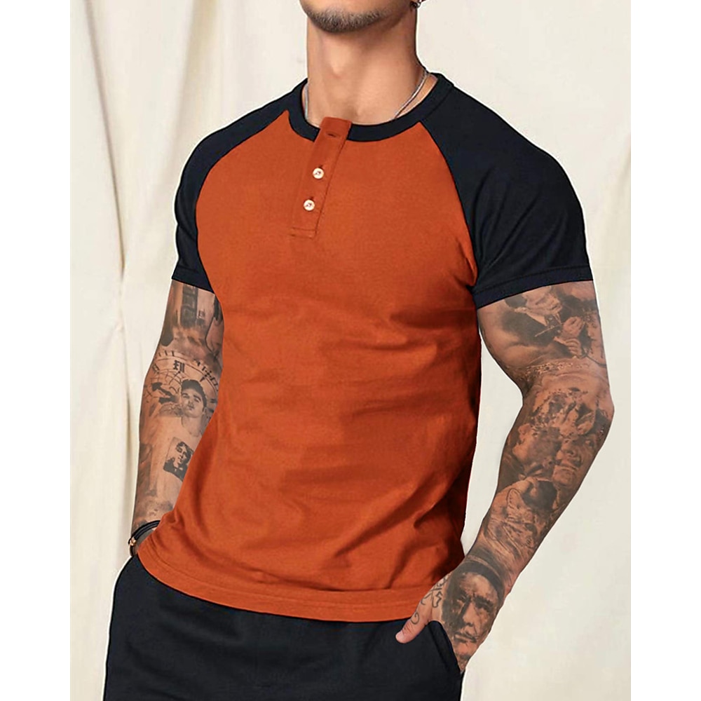 Herren T Shirt Henley Shirt Tee Kurzarm-Shirt T-Shirt Farbblock Henley Urlaub Strasse Kurzarm Patchwork Knopf Bekleidung Polyester Modisch Designer Basic Lightinthebox