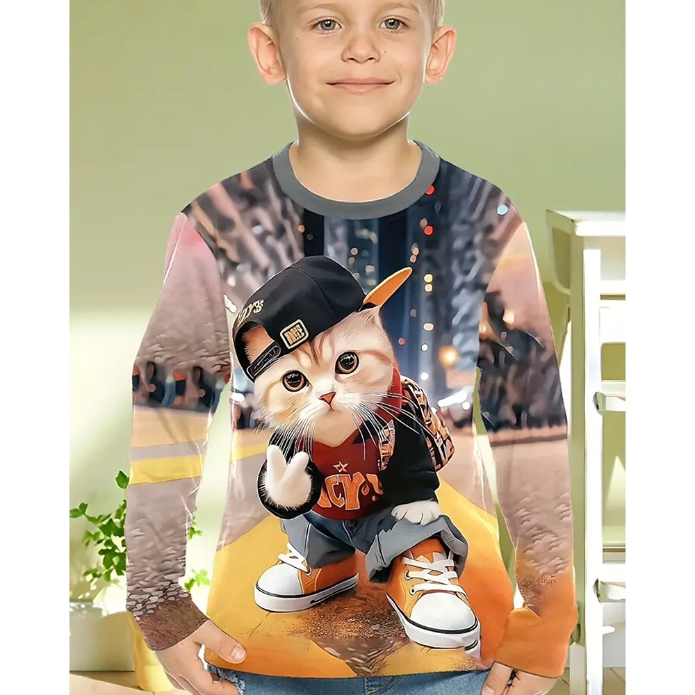 Jungen 3D Graphic Katze T-Shirt Langarm Frühling Herbst Modisch Basic kinderkleidung 4-12 Jahre Rundhalsausschnitt Outdoor Casual Täglich Regular Fit Lightinthebox