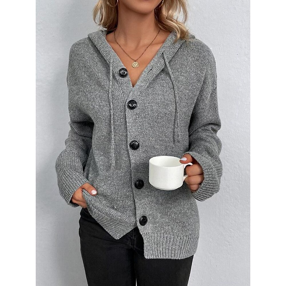 Damen Pullover Strickjacke Mit Kapuze Gerippt Stricken Acryl Knopf Strick Herbst Winter Normale Oberteile Outdoor Täglich Wochenende Brautkleider schlicht Weich Langarm Einfarbig Schwarz Weiß Grau S Lightinthebox