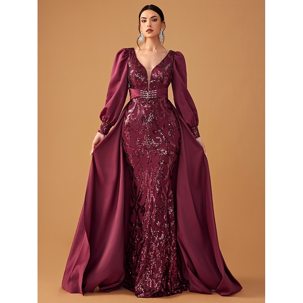 Abendkleid im Meerjungfrauenstil mit Satinschleppe, elegantes Spitzenkleid, formelles bodenlanges Kleid mit langen Ärmeln, V-Ausschnitt, Polyester mit Glitzer, 2024 Lightinthebox