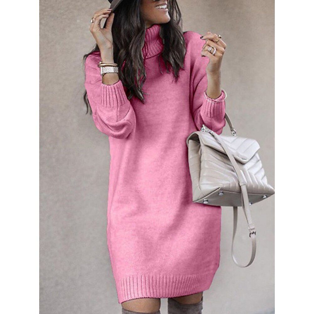 Damen Pullover Kleid Brautkleider schlicht Weich Einfarbig Gerippt Rollkragen Strick Langarm Lange Oberteile Stricken Outdoor Täglich Wochenende Gelb Rosa Herbst Winter Lightinthebox