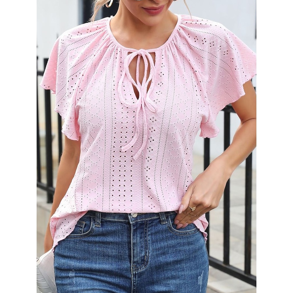 Damen T Shirt Modisch Modern Brautkleider schlicht Glatt Normale Oberteile Kurzarm Rundhalsausschnitt Öse Regular Fit Täglich Wochenende Weiß Rosa Sommer Lightinthebox