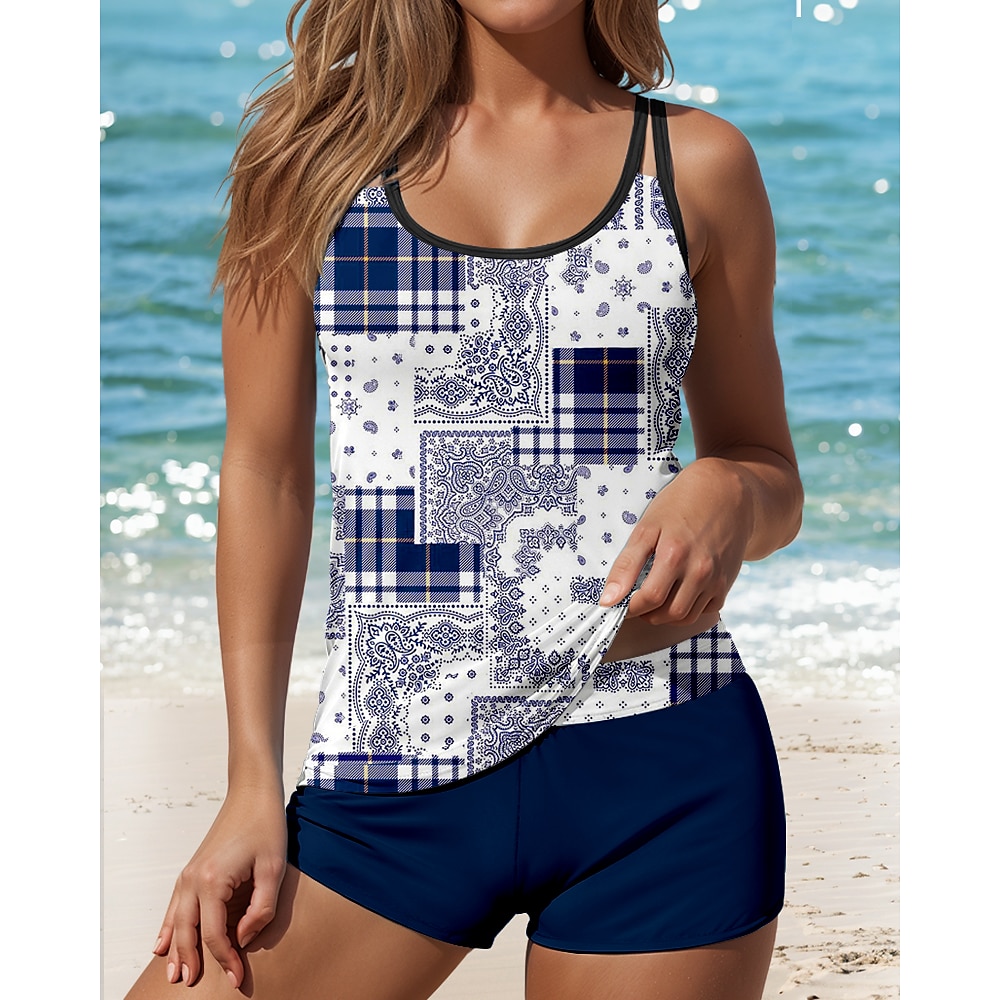 Damen Badeanzug Tankini 2 Stück Junge Bein Bademode Rückenfrei Urlaub Strandbekleidung Geometrisch Paisley-Muster U-Ausschnitt Ärmellos Badeanzüge Lightinthebox