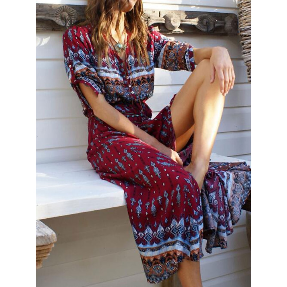 Damen Maxidress Casual kleid Boho Chic Kleider Boho-Kleid Böhmen Kuschelig Stilvoll Urlaub Täglich Strand Lockere Passform Graphic 3/4 Ärmel V Ausschnitt Schwarz Wein Blau Sommer Frühling Herbst Lightinthebox