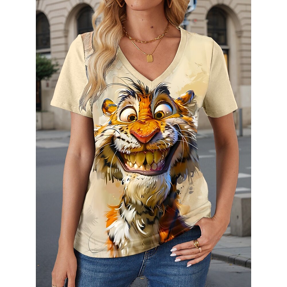 Damen T Shirt Stilvoll Brautkleider schlicht Tiger Normale Oberteile Kurzarm V Ausschnitt Bedruckt Regular Fit Täglich Khaki Sommer Lightinthebox