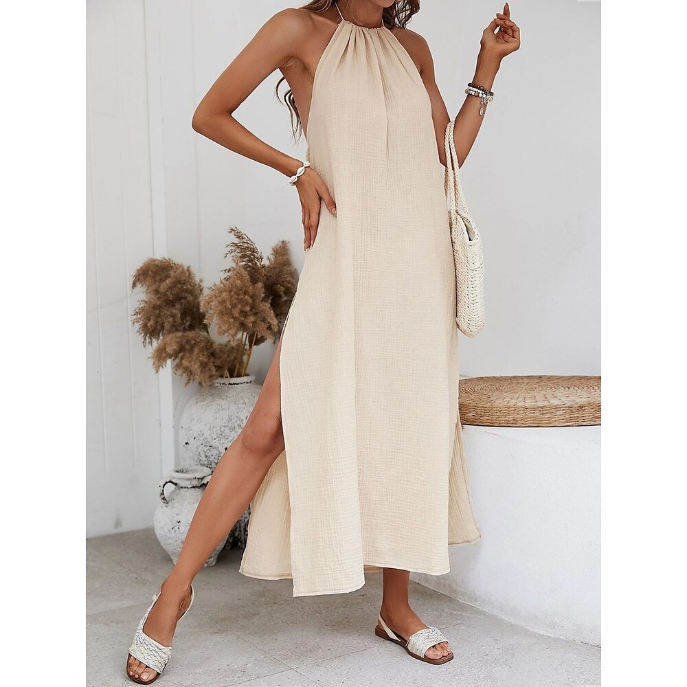 Damen Casual kleid Baumwoll-Kleid Sommerkleid Basic Brautkleider schlicht Glatt Maxidress Ärmellos Halfterhals Rückenfrei Regular Fit Urlaub Täglich Aprikose Sommer Lightinthebox