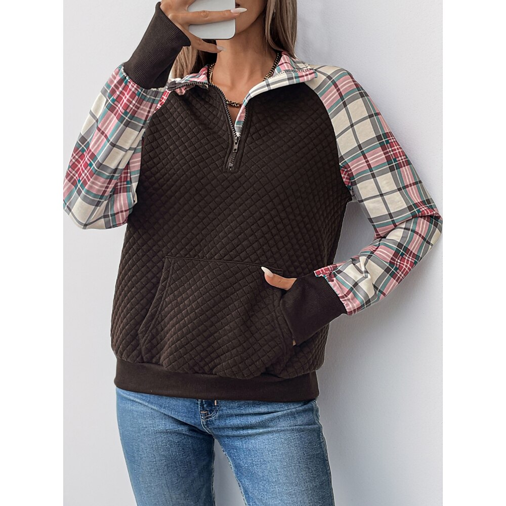 Damen Sweatshirt Pullover Brautkleider schlicht Polyester Plaid Glatt Strasse Alltagskleidung Rundhalsausschnitt Patchwork Zip Langarm Braun Herbst Winter Lightinthebox