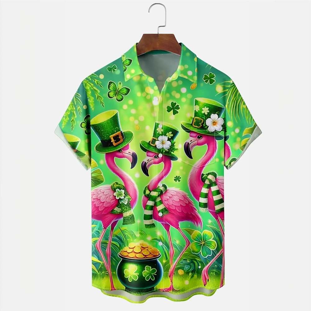 St. Patrick Herren Flamingo Goldmünze Lässiges Hemd Bowling-Shirt Kurzarm Hawaiianisch Resort St.Patrick's Day Casual Sommer Frühling Umlegekragen Knopf hoch Tasche Grün Lightinthebox