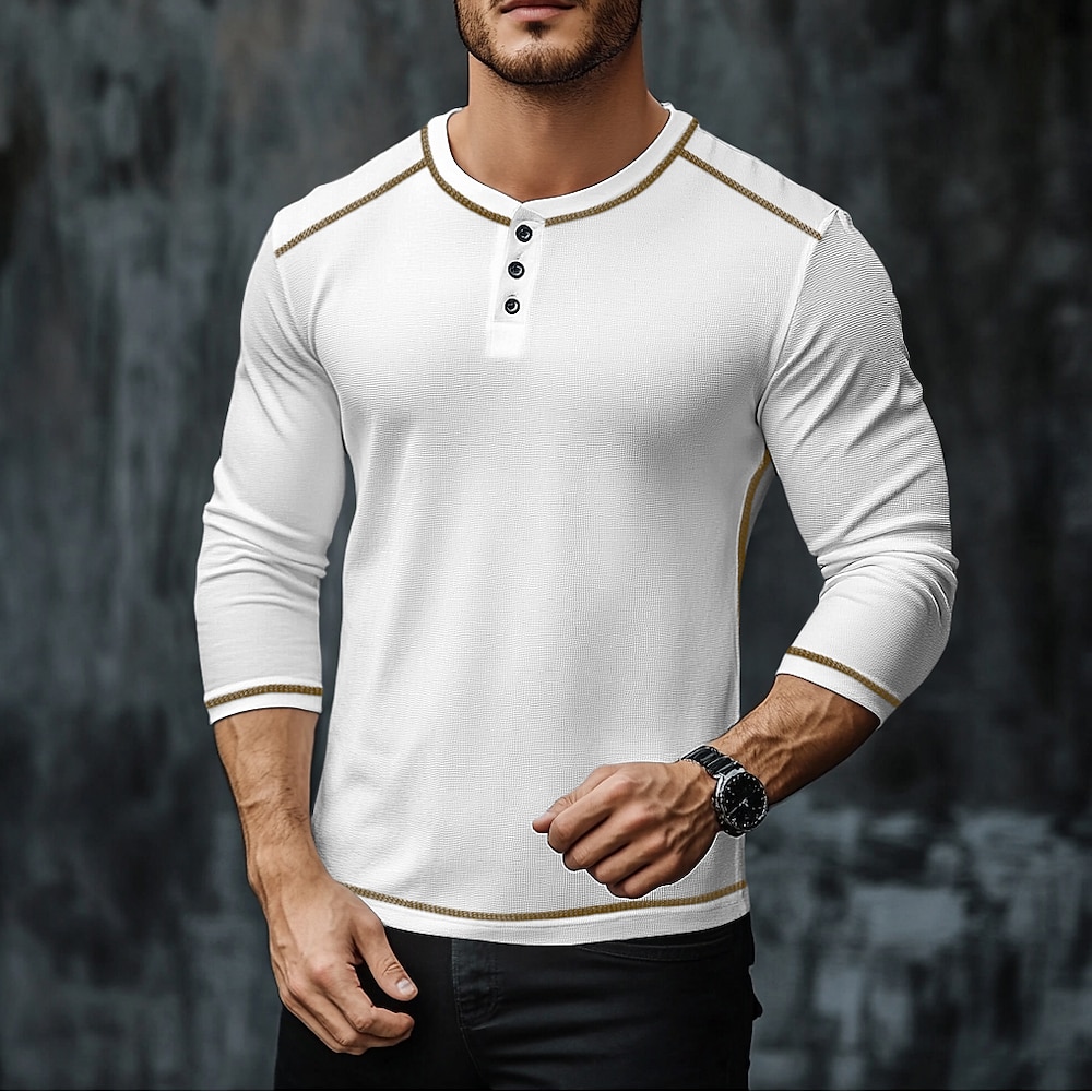 Herren T Shirt Henley Shirt Henley-Top Langarm Feste Farbe Elegant Vintage Klassicher Stil Patchwork Henley Outdoor Normal Casual Frühling Herbst Frühling Herbst Schwarz Weiß Henley T-Shirt Lightinthebox