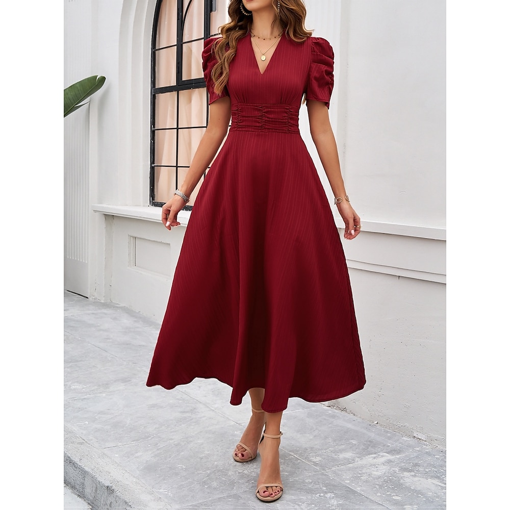 Damen Casual kleid Maxidress Rüschen Brautkleider schlicht V Ausschnitt Kurzarm Rosa Wein Marineblau Farbe Lightinthebox