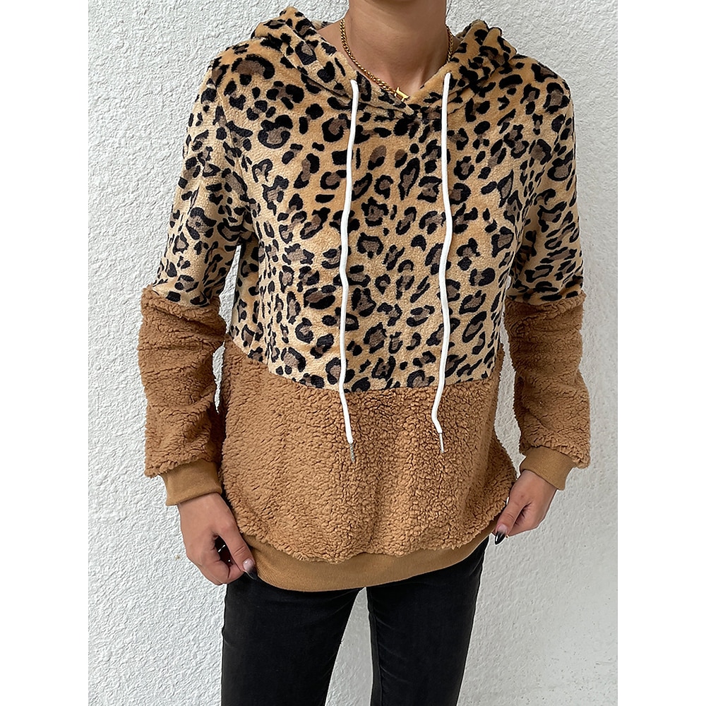 Damen Zur Seite fahren Warm Klassisch Brautkleider schlicht Polyester Leopard Strasse Casual Ausgehen Mit Kapuze Langarm Braun Frühling Herbst Herbst Winter Lightinthebox