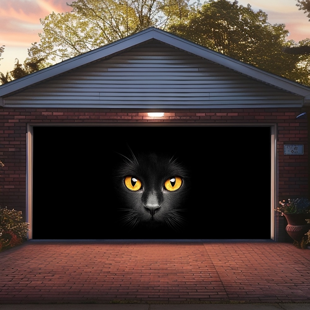 Banner mit der Aufschrift „Mistery Black Cat" für Garagentore im Freien, große Kulisse für die Dekoration von Garagentoren im Freien, Wanddekorationen für Zuhause, Veranstaltungen, Partys, Paraden Lightinthebox