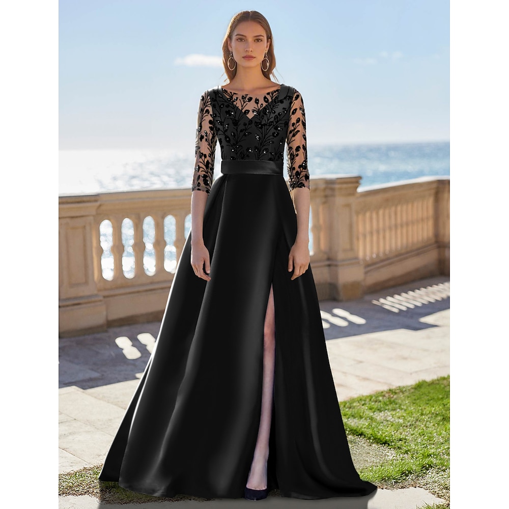 A-Linie Abendkleider Elegant Kleid Formal Hochzeit Boden-Länge Halbe Ärmel Illusionsausschnitt Satin mit Schlitz Stickerei Applikationen 2024 Lightinthebox