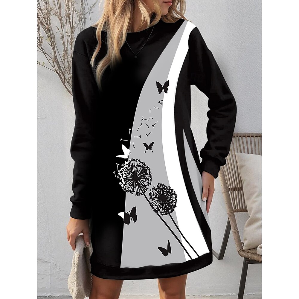 Damen Sweatshirt-Kleid Casual kleid Winter Kleid Brautkleider schlicht Blumen Löwenzahn Minikleid Rundhalsausschnitt Bedruckt Regular Fit Urlaub Täglich Grau Herbst Winter Lightinthebox