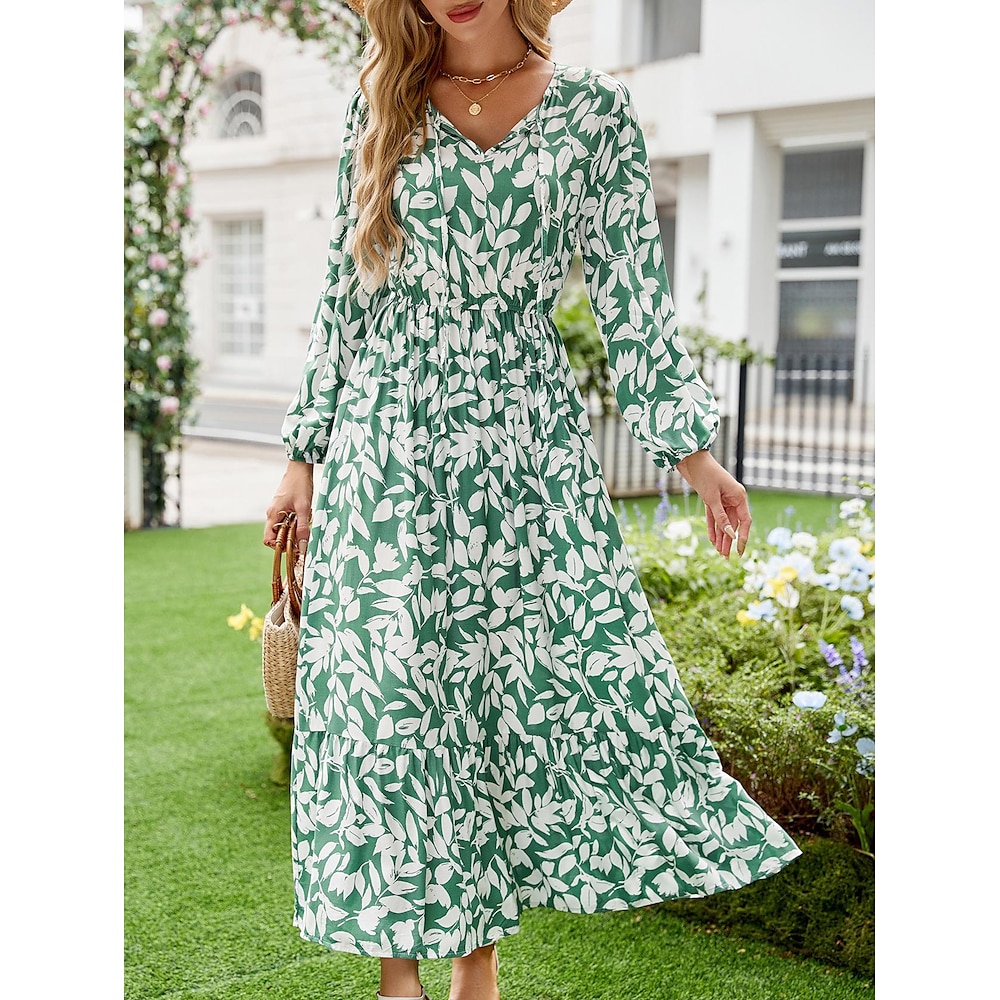 Damen Schaukelkleid Elegant Böhmen Hawaiianisch Ditsy Blumig Midikleid Langarm Rundhalsausschnitt Vorne binden Rüschen Gestuft Regular Fit Urlaub Grün Sommer Frühling Herbst Lightinthebox