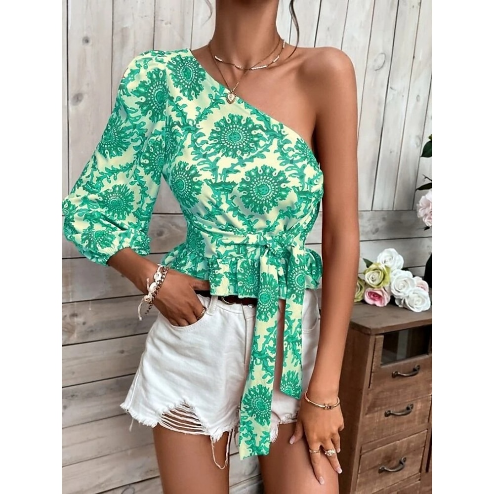 Damen Hemd Bluse Stilvoll Brautkleider schlicht Blumen Normale Oberteile 3/4 Ärmel kalte Schulter Bedruckt Regular Fit Täglich Wein Grün Sommer Frühling Herbst Lightinthebox