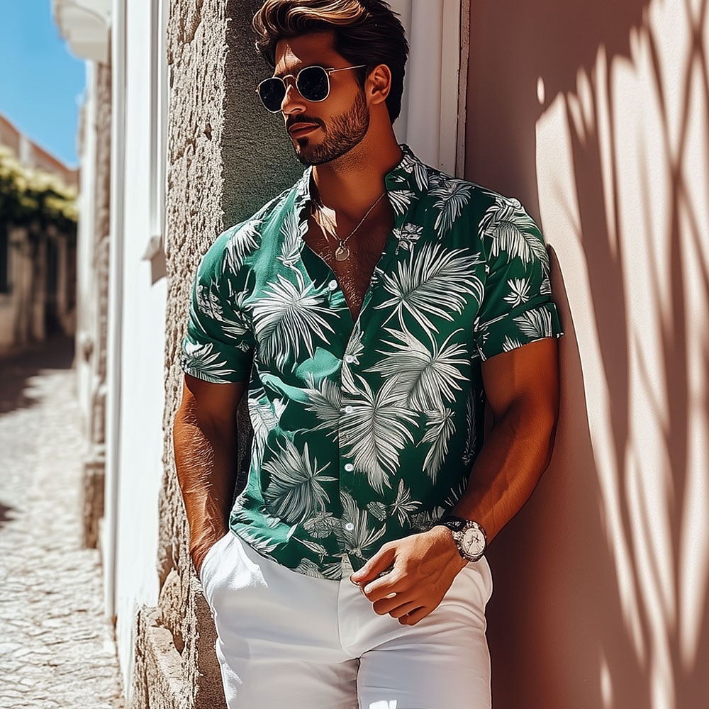 Herren Blatt Aloha-Shirt Kurzarm Hawaiianisch Urlaub Sommer Frühling Umlegekragen Knopf hoch Grün Lightinthebox