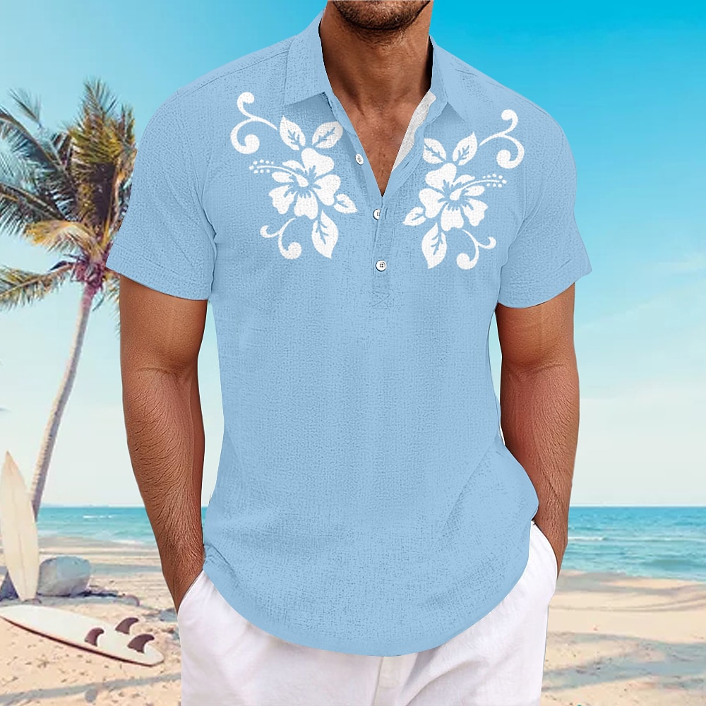 Herren Blumen Lässiges Hemd Kurzarm Brautkleider schlicht Resort Urlaub Normal Casual Sommer Frühling Umlegekragen Knopf Rosa Blau Grau Lightinthebox