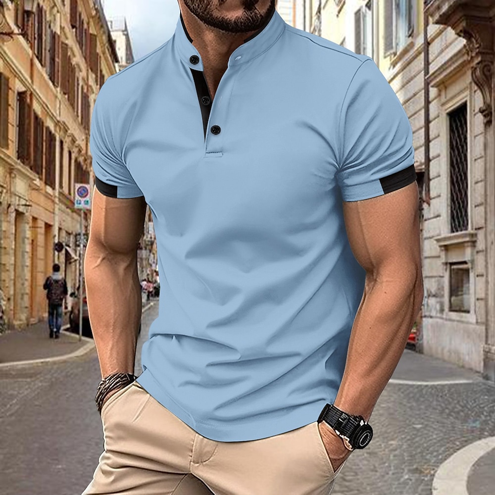 Herren Poloshirts Kragenlose Golfshirts Casual Ständer Kurzarm Basic Komfortabel Glatt Knopf Sommer Frühling Regular Fit Hellblau Schwarz Weiß Marinenblau Grau Poloshirts Lightinthebox