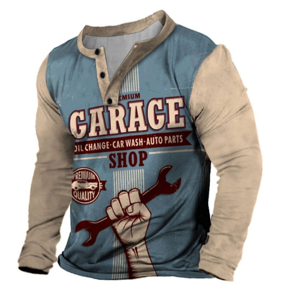 Herren Graphic Garage Shop Henley Shirt Tee Vintage-Shirt Langarm Modisch Designer Komfortabel Outdoor Casual Täglich Frühling Herbst Khaki Henley Henley T-Shirt Lightinthebox