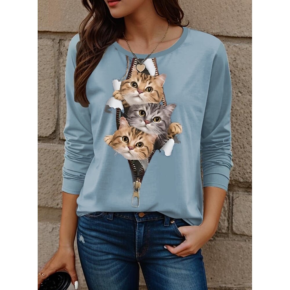 Damen T Shirt Katze Modisch Modern Brautkleider schlicht Langarm Rundhalsausschnitt Normale Oberteile Täglich Wochenende Bedruckt Blau Herbst Winter Lightinthebox