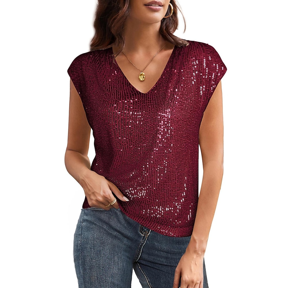 Damen Hemd Bluse Basic Brautkleider schlicht Feste Farbe Normale Oberteile Ärmellos V Ausschnitt Pailletten Regular Fit Täglich Schwarz Wein Sommer Frühling Lightinthebox