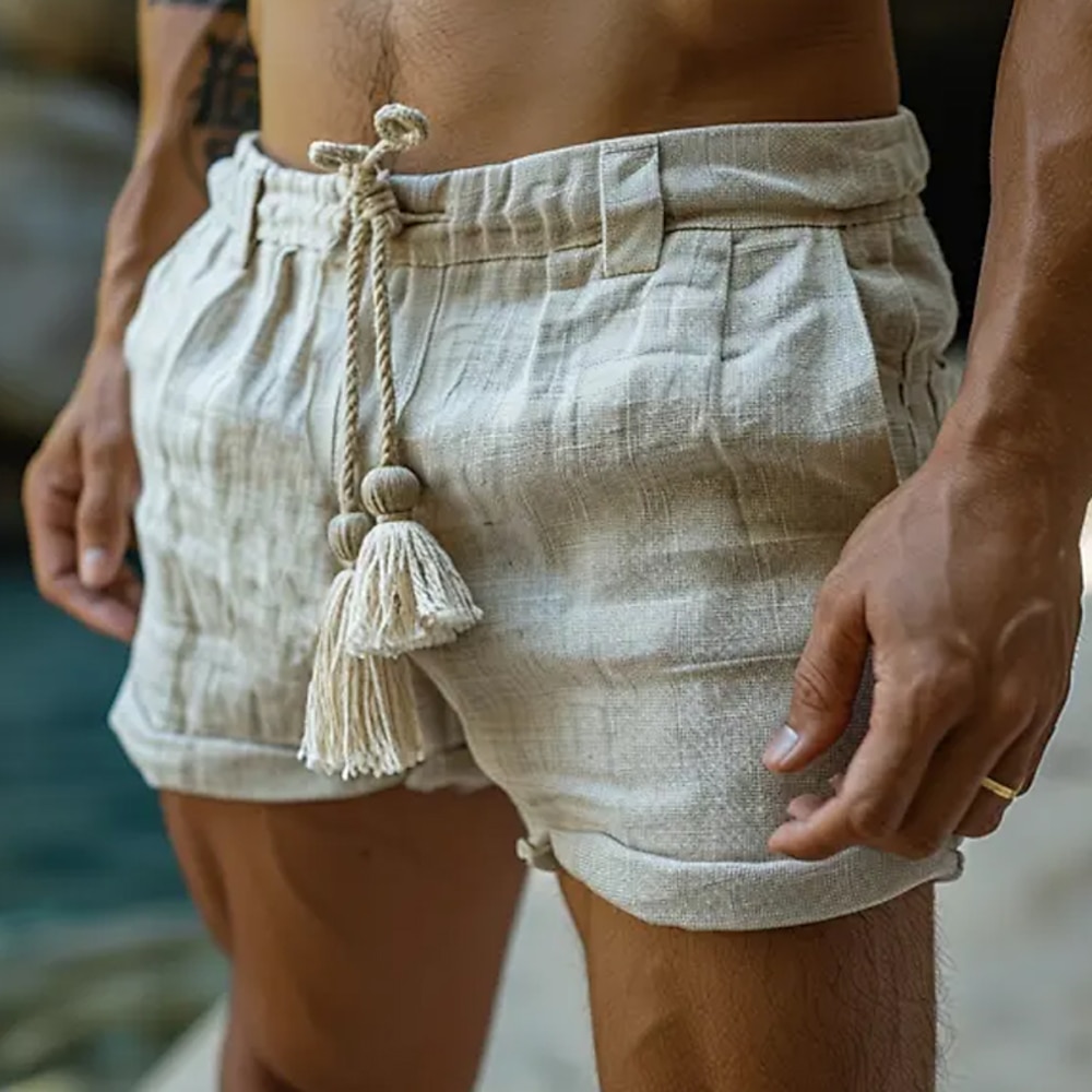 Herren Shorts Kurze Hosen Leinenshorts Kurze Hosen Sommer-Shorts Strandshorts Kurze Hosen Kordelzug Elastische Taille Glatt Atmungsaktiv Kurz Yoga Festtage Strand Retro Vintage Athleisure Weiß Lightinthebox