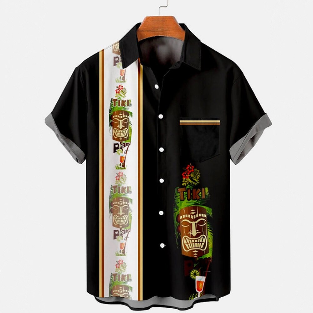 Herren Stammes Totem Lässiges Hemd Bowling-Shirt Kurzarm Brautkleider schlicht Normal Casual Umlegekragen Knopf hoch Schwarz Lightinthebox