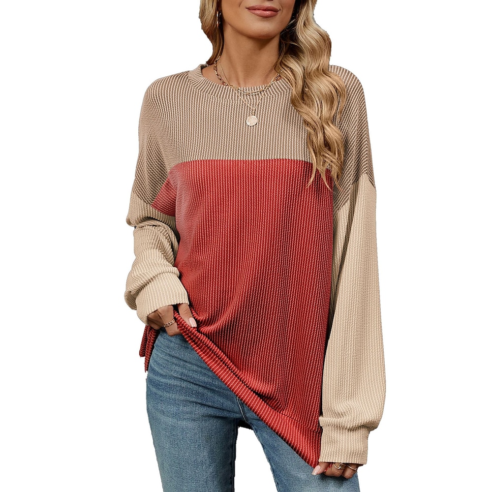 Damen Hemd Bluse Basic Brautkleider schlicht Farbblock Normale Oberteile Langarm Rundhalsausschnitt Patchwork Regular Fit Täglich Rosa Rote Blau Frühling Herbst Lightinthebox