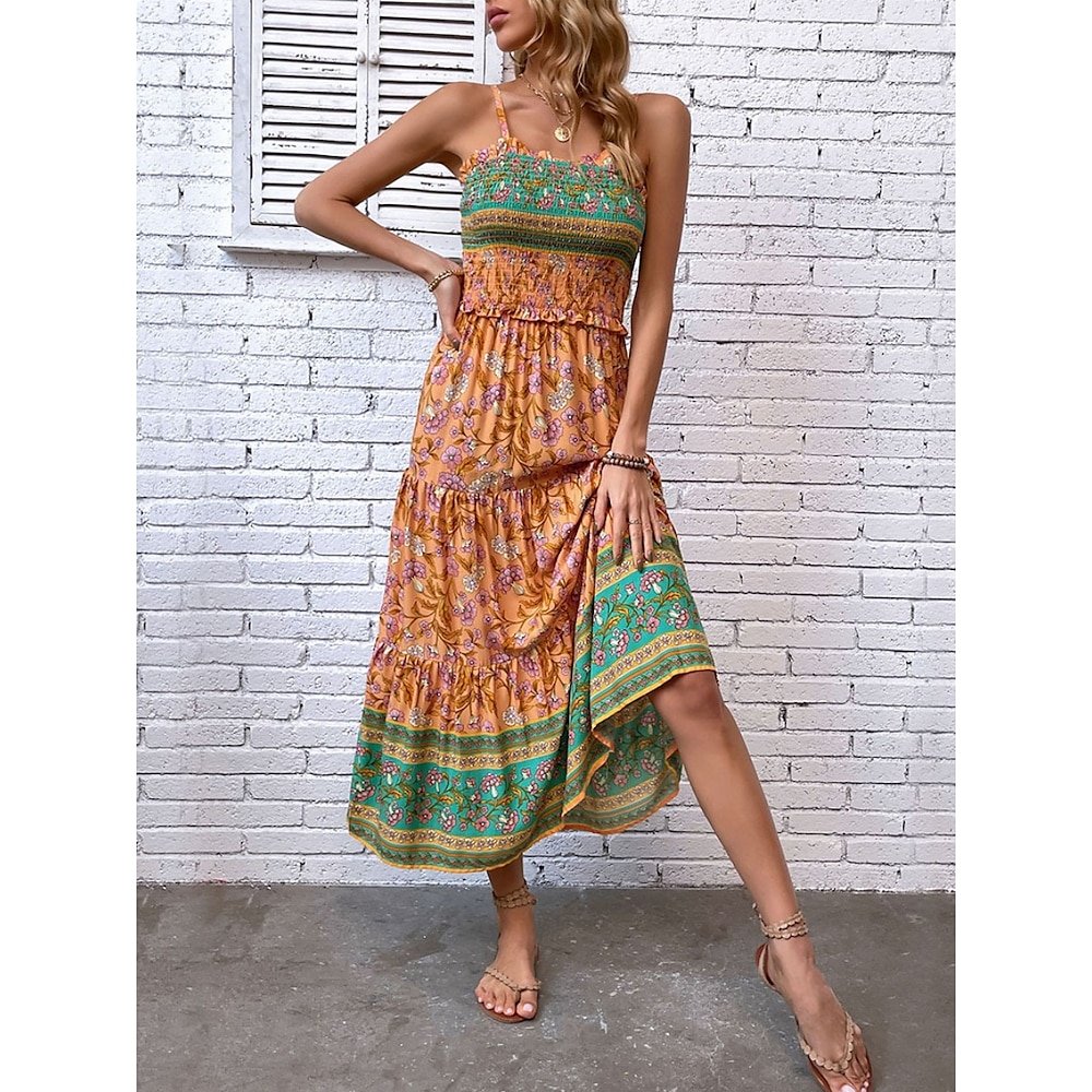 Damen Casual kleid Boho Chic Kleider Böhmen Stilvoll Brautkleider schlicht Graphic Maxidress Ärmellos V Ausschnitt Rückenfrei Bedruckt Lockere Passform Urlaub Täglich Strand Orange Sommer Frühling Lightinthebox