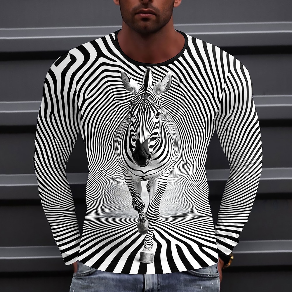 Herren Zebra-Druck T Shirt Langarm T-Shirt 3D-Druck Rundhalsausschnitt Hemd Modisch Übertrieben Strasse Täglich Schwarz Sommer Frühling Herbst Bekleidung S M L XL XXL XXXL Lightinthebox