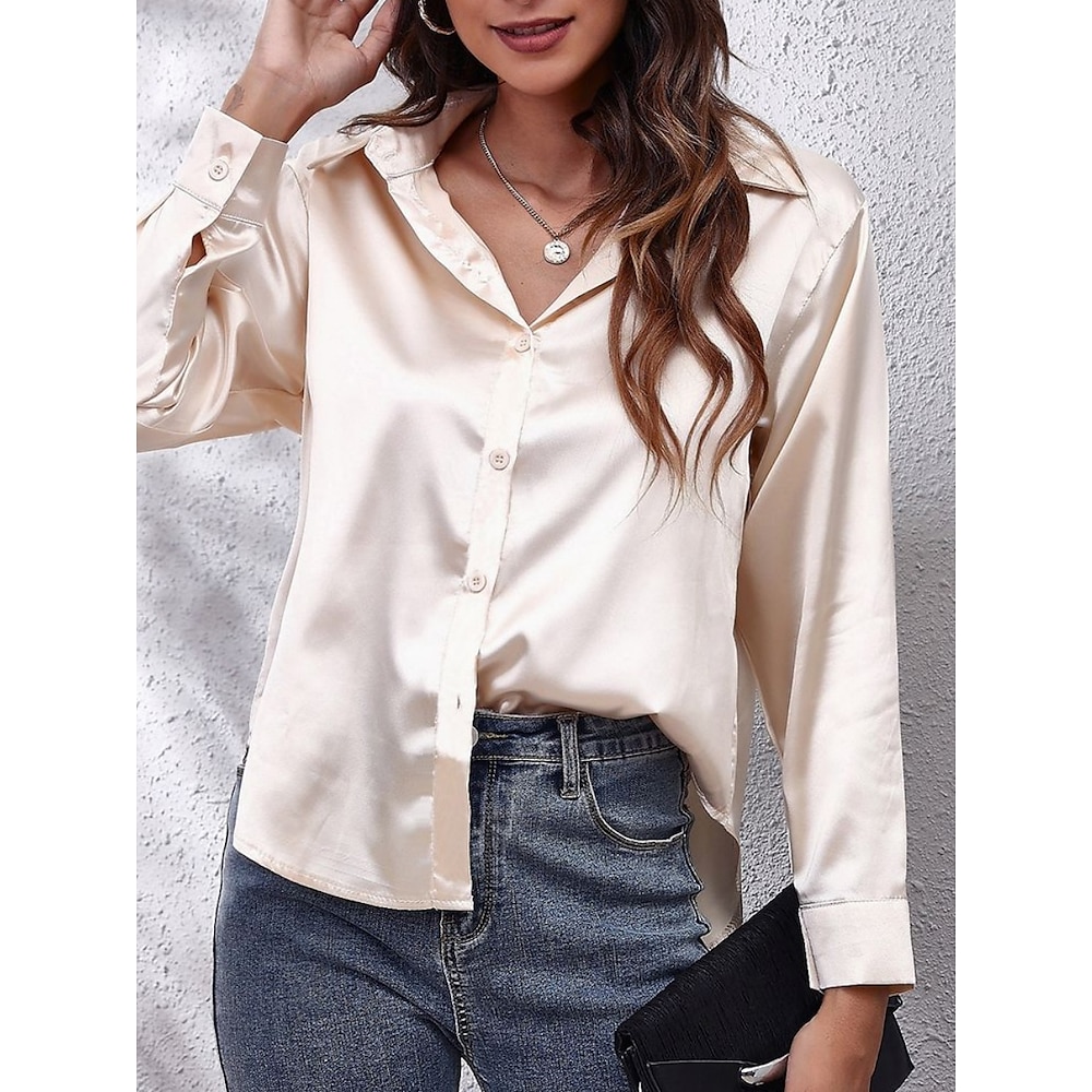 Damen Hemd Bluse Basic Brautkleider schlicht Feste Farbe Normale Oberteile Langarm V Ausschnitt Knopf Regular Fit Täglich Weiß Rote Beige Sommer Frühling Herbst Lightinthebox