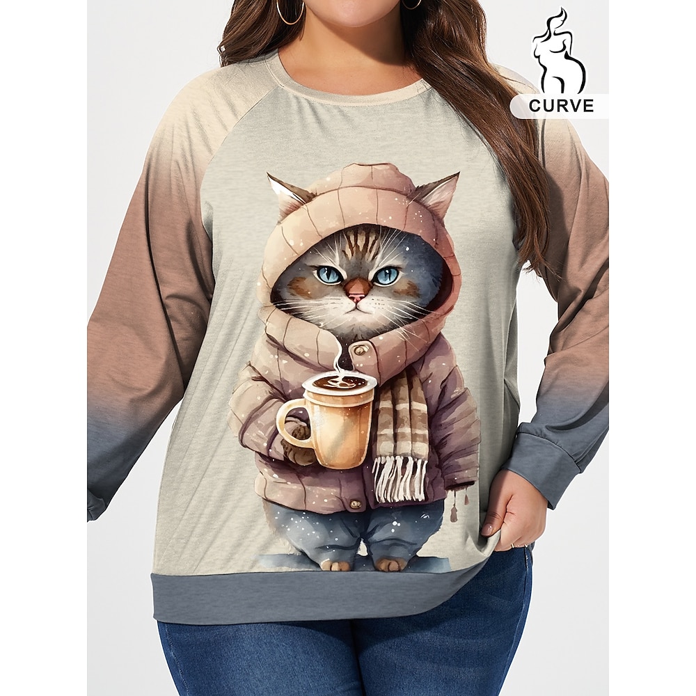 Damen Übergröße Oberteile Pullover Katze Bedruckt Langarm Rundhalsausschnitt Brautkleider schlicht Täglich Polyester Herbst Winter Kaki Lightinthebox