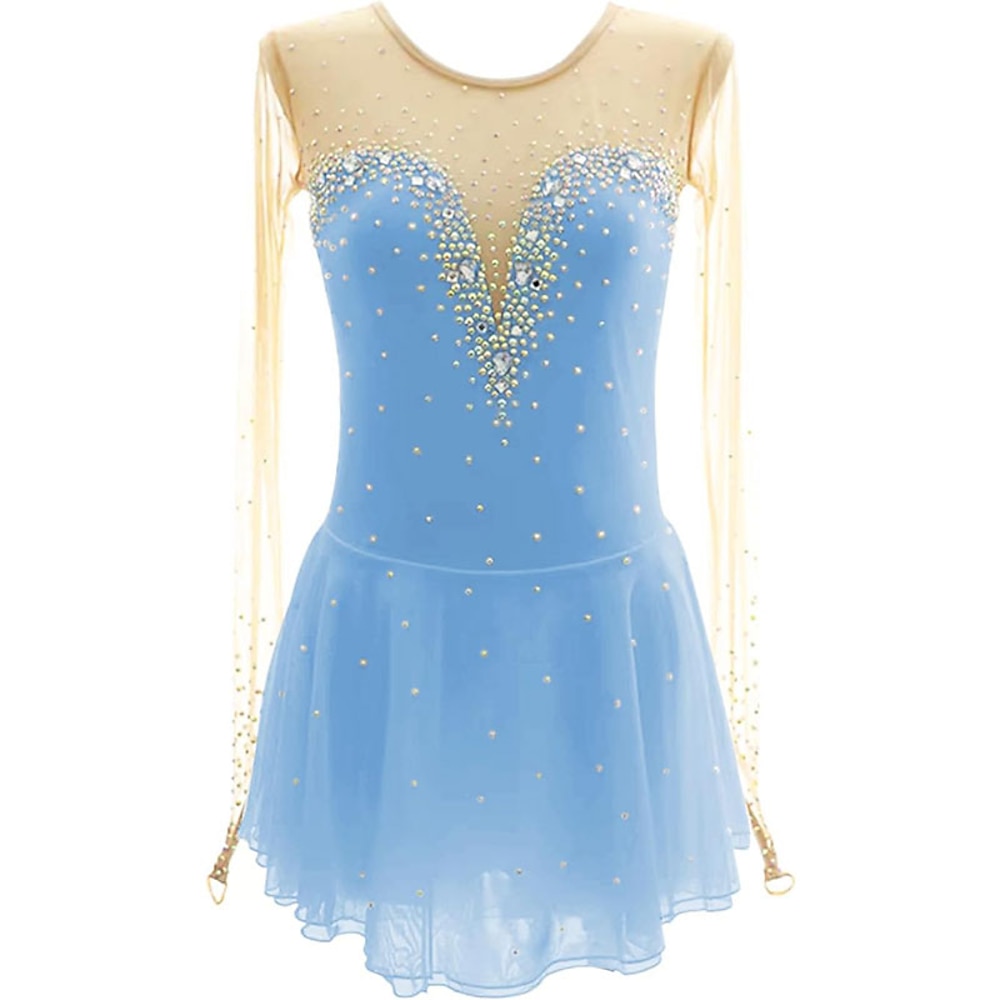 Eiskunstlaufkleid Damen Mädchen Eislaufkleid Blau Weiß Hohe Elastizität Training Wettkampf Eislaufbekleidung Klassisch Kristall/Strass Langarm Eislaufen Eiskunstlauf Lightinthebox