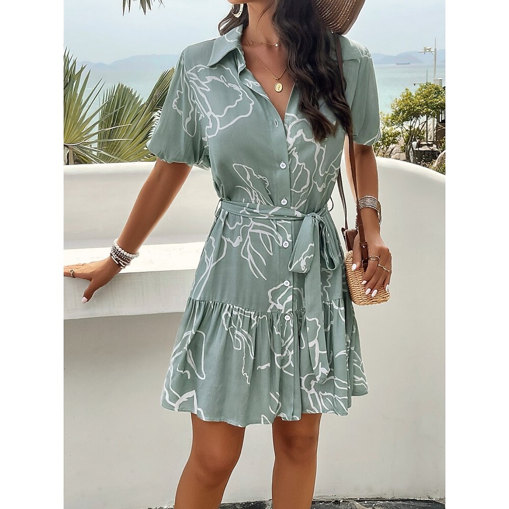 Damen Casual kleid A Linie Kleid Stilvoll Brautkleider schlicht Blumen Minikleid Kurzarm Hemdkragen Vorne binden Rüsche Knopf Regular Fit Urlaub Täglich Braun Grün Khaki Frühling Herbst Lightinthebox