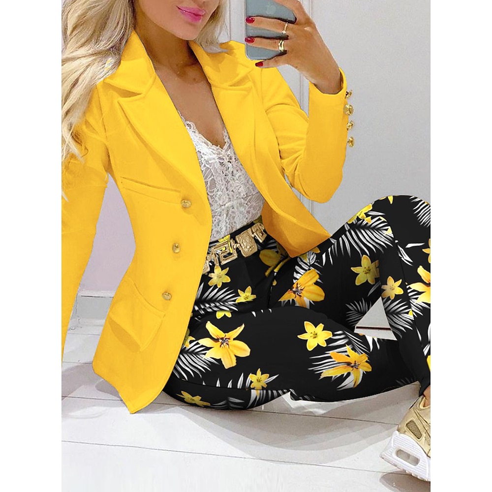 Damen Elegant Strassenmode Täglich Blazer Rock Langarm Hemdkragen Graphic Patchwork Casual Gelb Frühling Herbst Regular Fit Lightinthebox