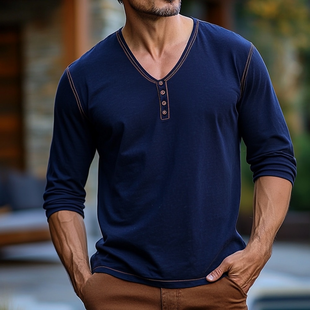 Herren T Shirt Henley Shirt Henley-Top Langarm Feste Farbe Vintage Kontrastnähte V Ausschnitt Henley Outdoor Normal Casual Frühling Herbst Frühling Herbst Marineblau Henley T-Shirt Lightinthebox