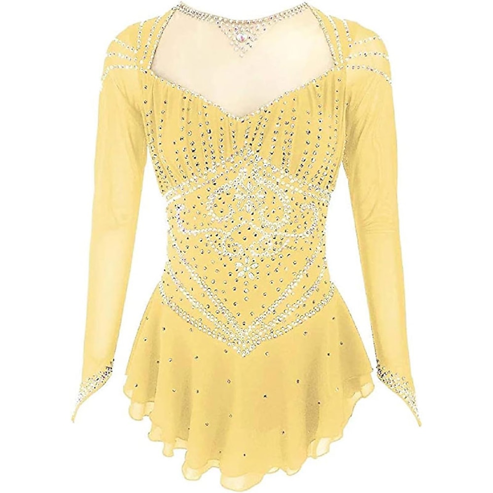 Eiskunstlaufkleid Damen Mädchen Eislaufkleid Gelb Hohe Elastizität Training Wettkampf Eislaufbekleidung Klassisch Kristall/Strass Langarm Eislaufen Eiskunstlauf Lightinthebox