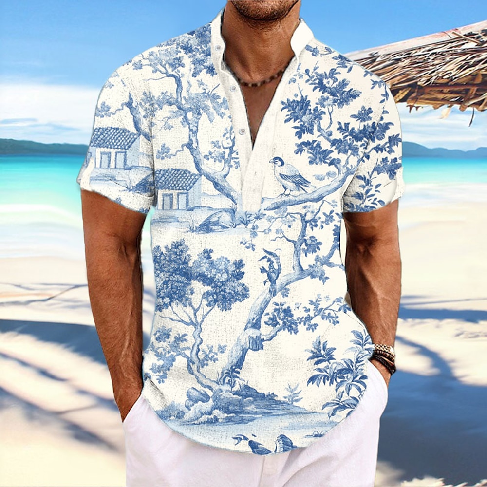 Herren Vogel Blumenmuster Hawaiihemd Sommerhemd Aloha-Shirt Kurzarm Hawaiianisch Resort Urlaub Sommer Frühling Ständer Knopf Blau Lightinthebox