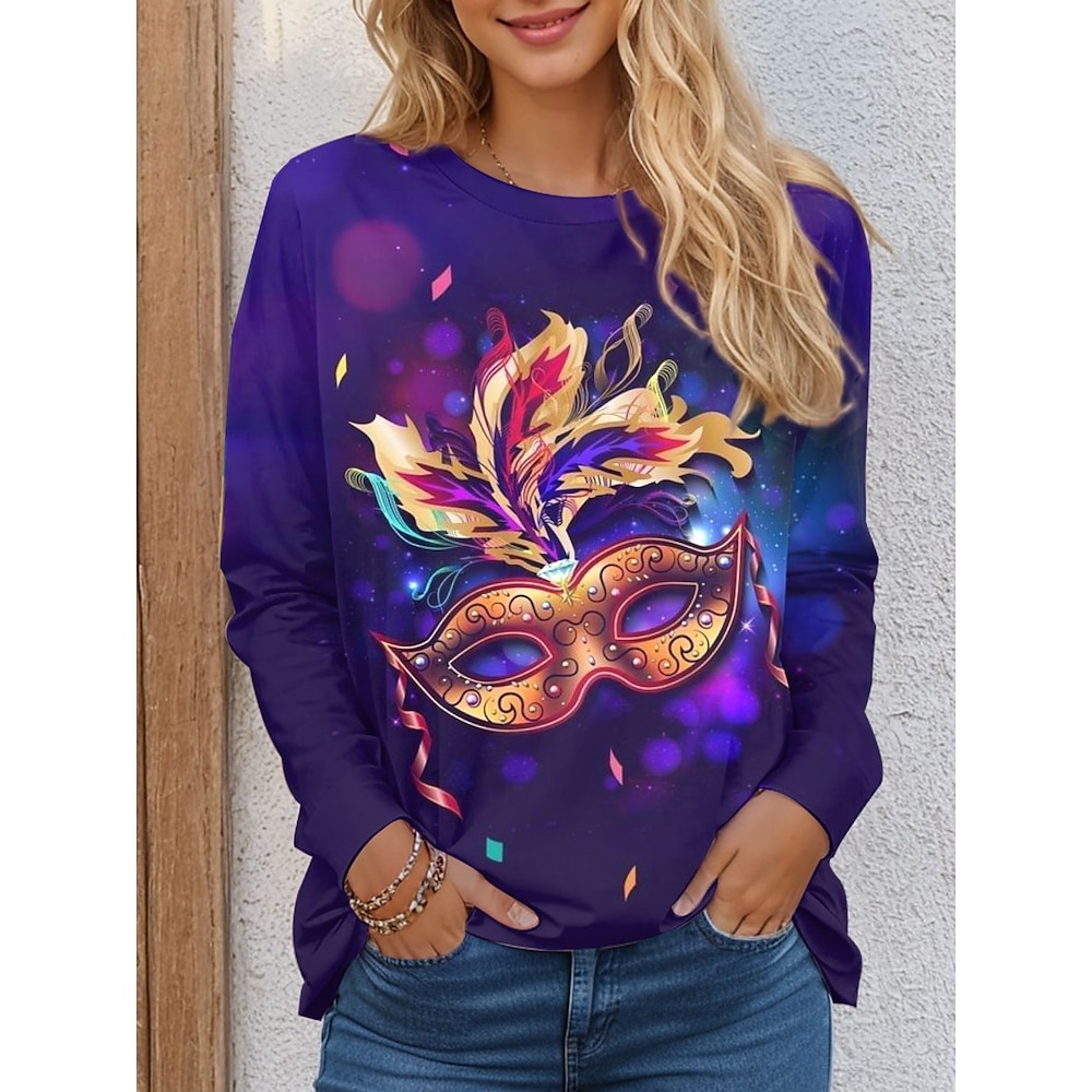 Damen T Shirt Brautkleider schlicht Karneval Graphic Normale Oberteile Langarm Rundhalsausschnitt Bedruckt Regular Fit Täglich Purpur Frühling Herbst Lightinthebox