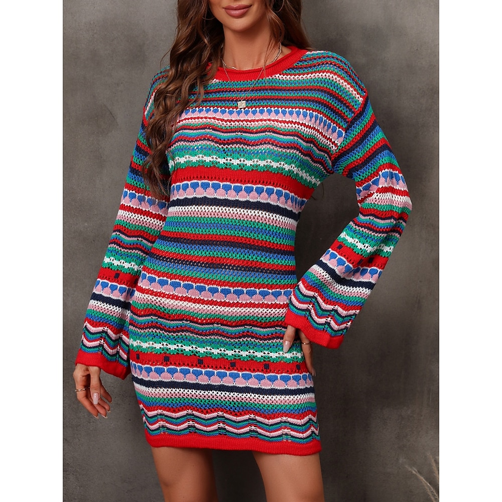 Damen Pullover Pullover Kleid Brautkleider schlicht Weich Gestreift Gehäkelt Rundhalsausschnitt Strick Langarm Lange Oberteile Stricken Outdoor Täglich Wochenende Fuchsie Grün Sommer Frühling Lightinthebox