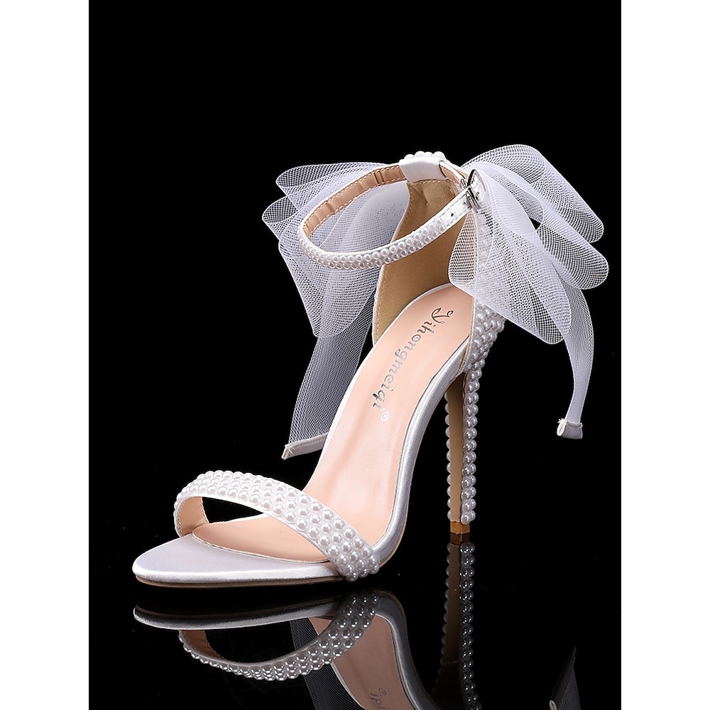 Weiße, mit Perlen verzierte Brautschuhe mit Schleife und Fesselriemchen für Damen - elegante Brautschuhe für Hochzeiten und formelle Anlässe Lightinthebox