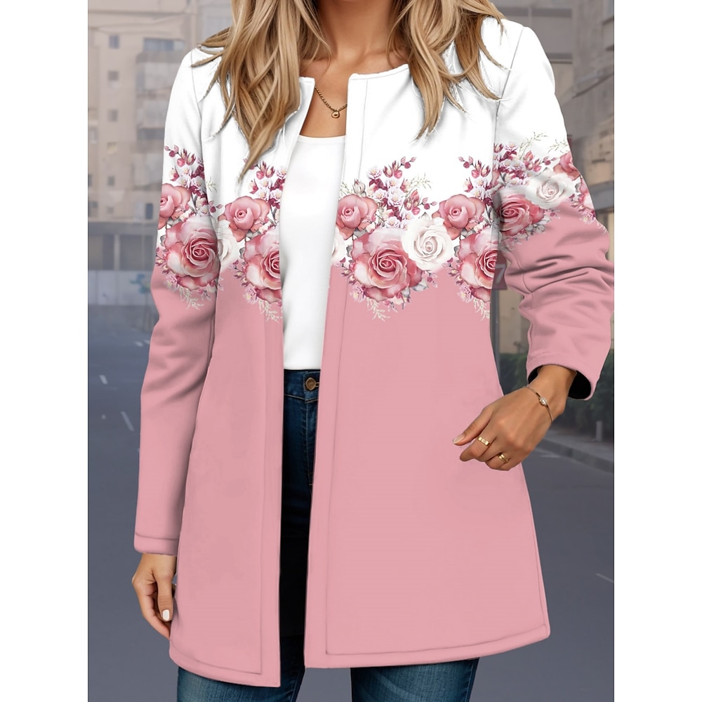 Damen Freizeitjacke Atmungsaktiv Komfortabel Tasche Brautkleider schlicht Blumen Freizeitskleidung Öffnung vorne Standard Rundhalsausschnitt Lockere Passform Langarm Oberbekleidung Rosa Frühling Lightinthebox