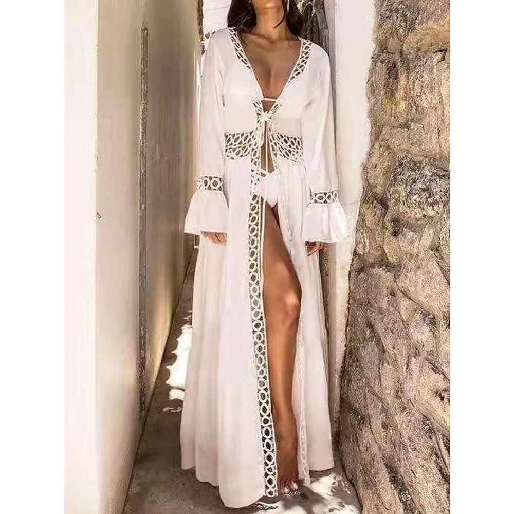 Damen Badeanzug Zudecken Schwimm-Kleid Bademode Spitze Patchwork Urlaub Strandbekleidung Feste Farbe Langarm Badeanzüge Lightinthebox