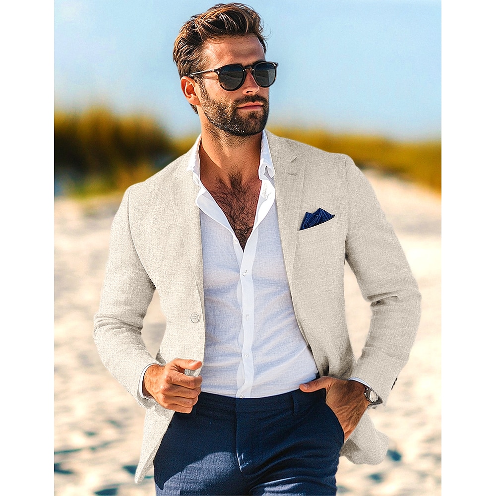 Herren Modisch Brautkleider schlicht Blazer-Jacke Leinen-Blazer Einfarbig Blazer Standard Reguläre Passform Einreiher mit zwei Knöpfen Hell Gray Dunkelblau Beige 2023 Lightinthebox