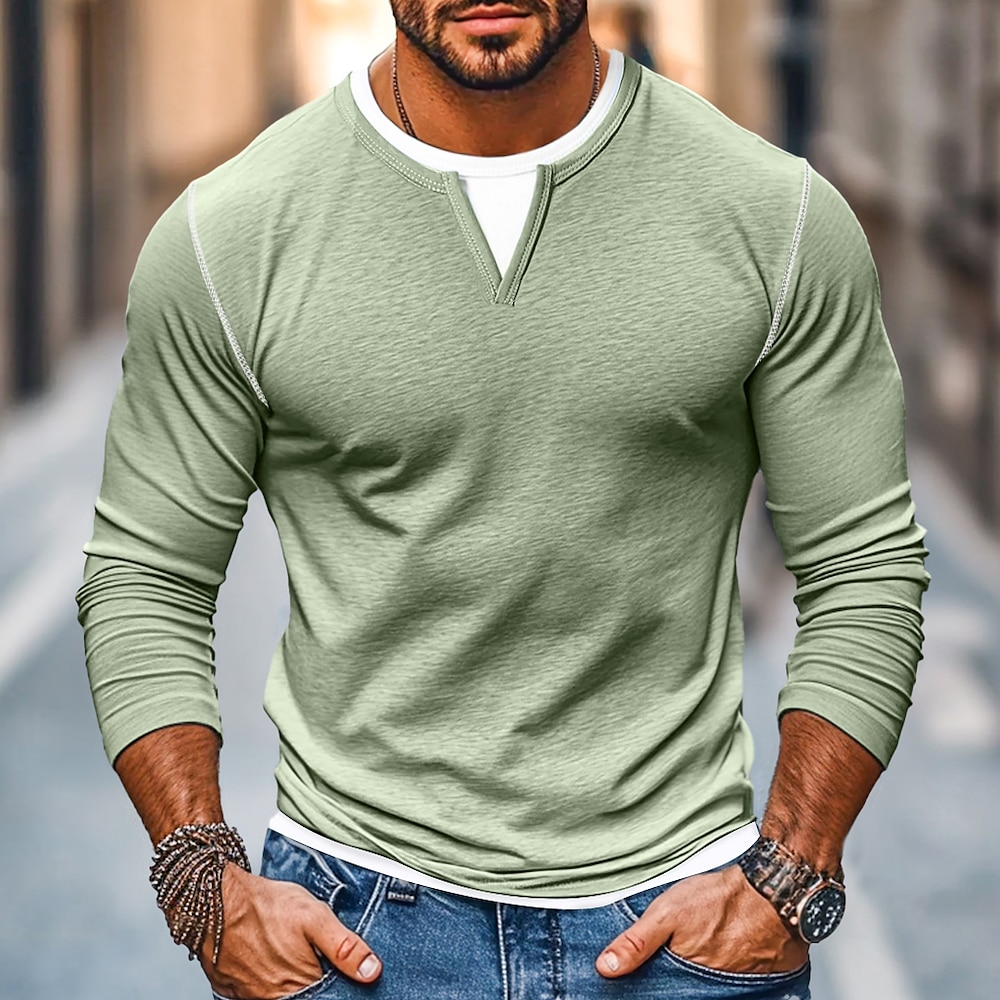 100 % Baumwolle Herren T-Shirt V-Ausschnitt Langarmshirt einfarbig V-Ausschnitt Outdoor Street Langarm Fake Zweiteiler Baumwoll-T-Shirt Alltag Casual Streetstyle Lightinthebox