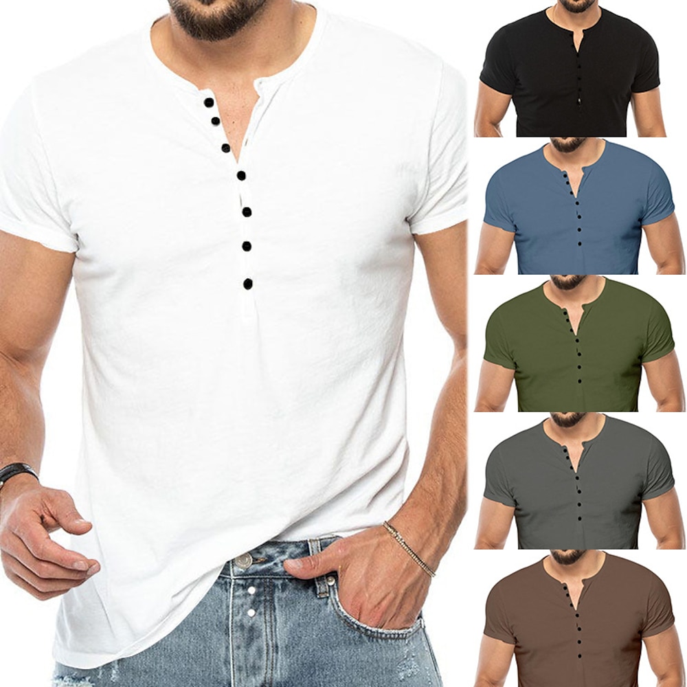 Herren T Shirt Henley Shirt Henley-Top Kurzarm Feste Farbe Klassisch Knopf hoch Henley Outdoor Casual Athlässigkeit Frühling Herbst Frühling Herbst Dunkel Braun Schwarz Weiß Henley T-Shirt Lightinthebox