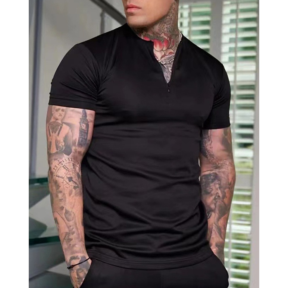 Herren T-Shirt Kurzarm Viertel Postleitzahl T-Shirt Muskel-T-Shirt Kurzarm-Shirt Außen Schnelltrocknend Trainieren Weich Schweißableitend Polyester Schwarz Weiß Marinenblau Fitnessstudio Klettern Lightinthebox