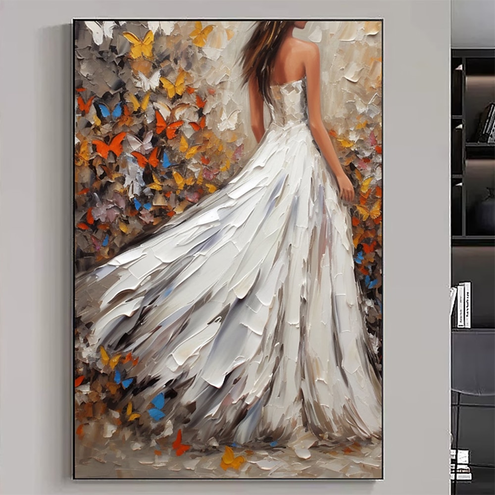 Frau im weißen Hochzeitskleid Ölgemälde Leinwand europäischen Vintage rustikale Dame im schwarzen Abendkleid Porträt Gemälde Wandkunst Ölgemälde kein Rahmen Lightinthebox